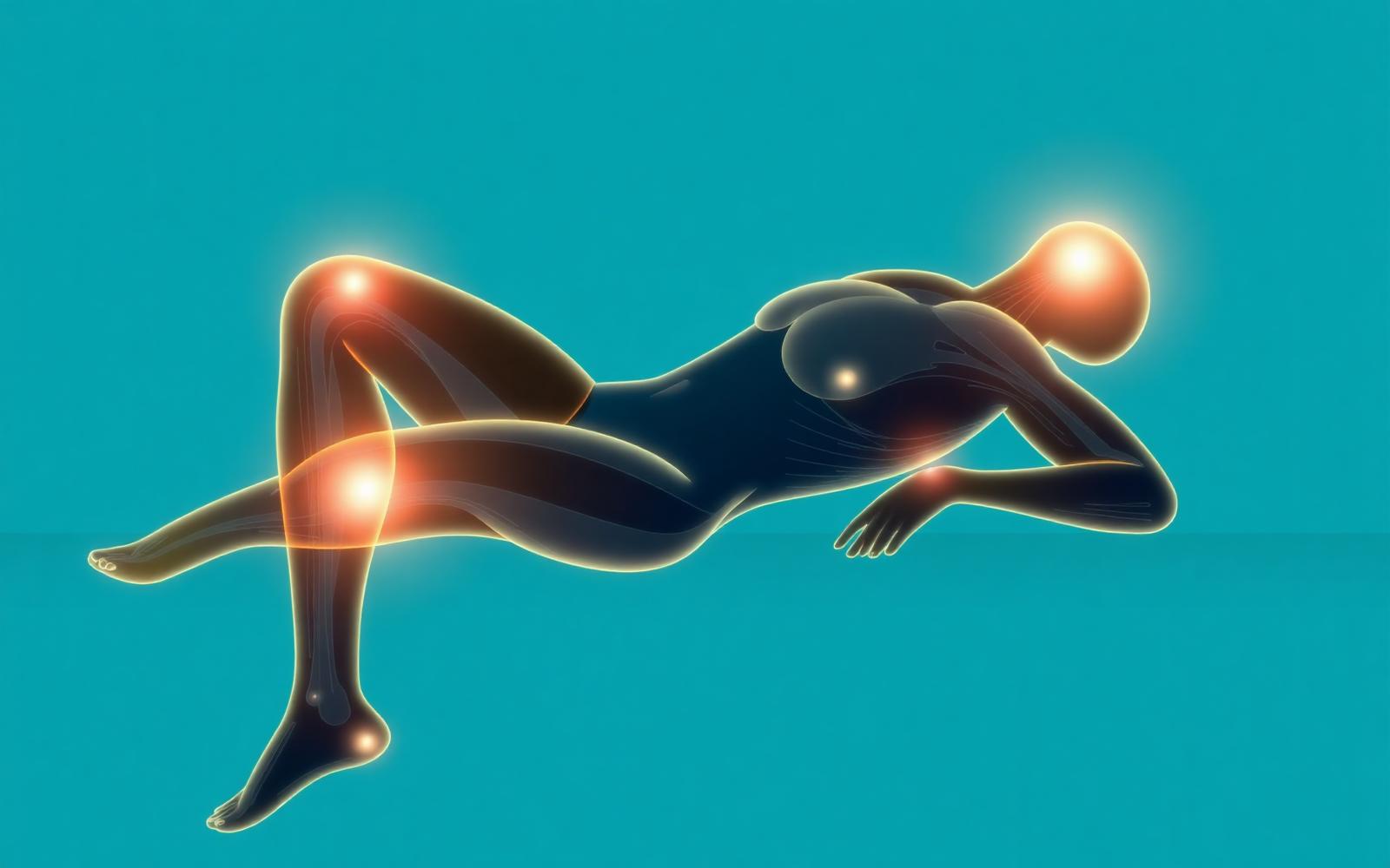 Illustration of a resting body with glowing lines suggesting overnight muscle and tissue repair